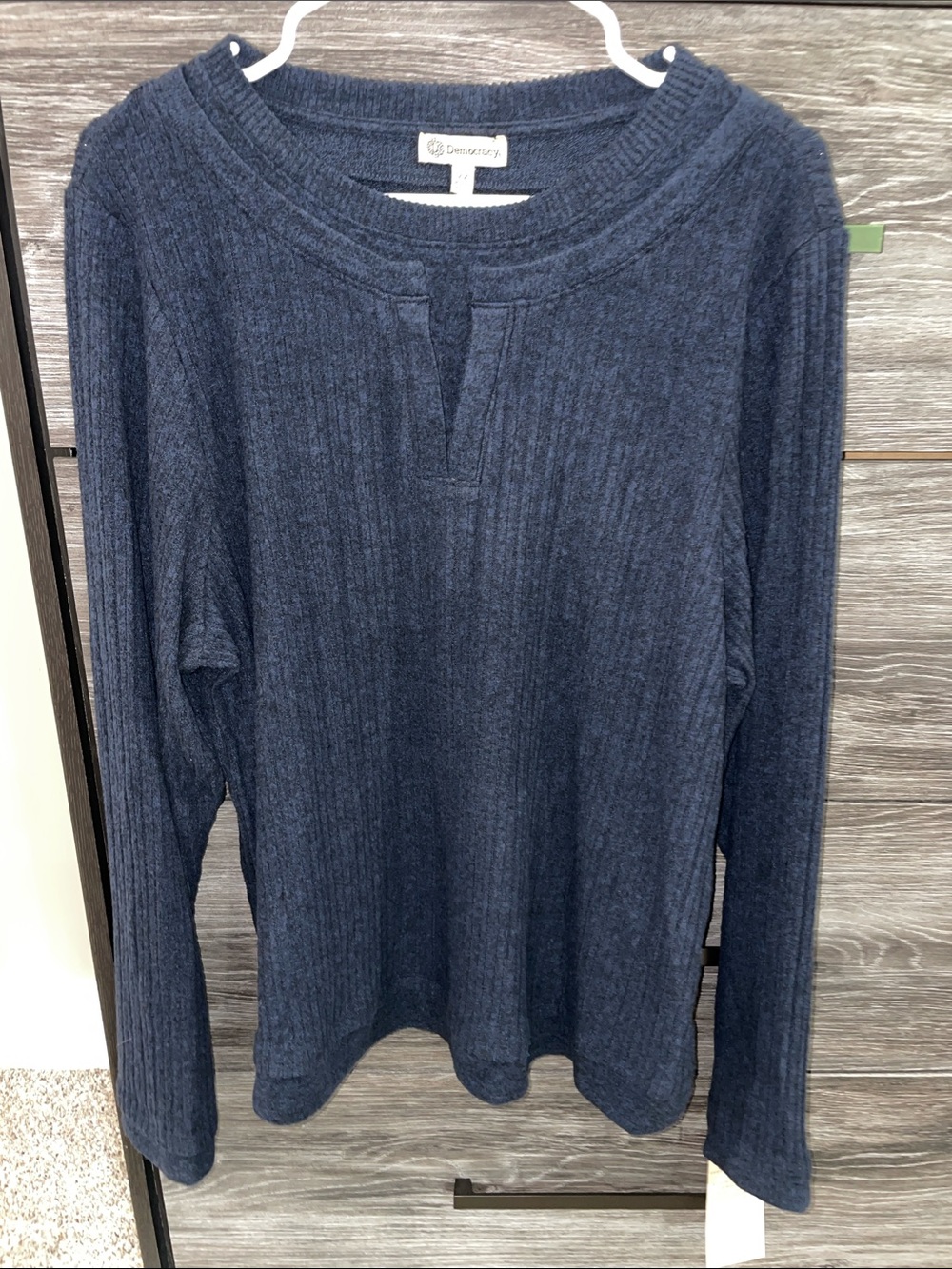 Democracy Navy Ribbed Split Crewneck Sweater